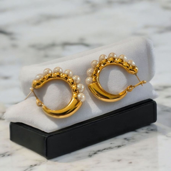 Monet Gold Tone Pearl Hoop Earrings - Picture 8 of 16